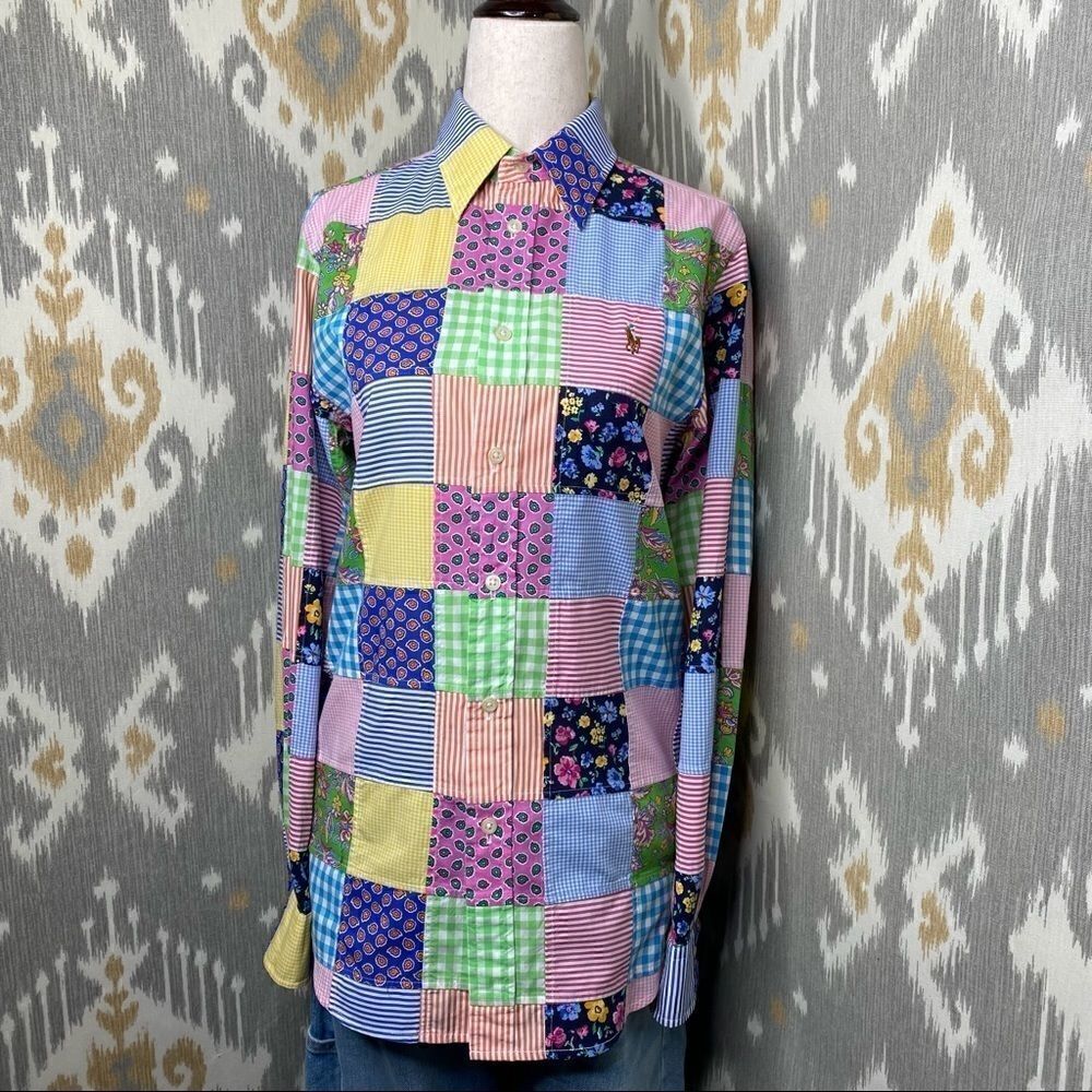 Ralph Lauren Classic Fit Multi Patchwork Cotton Poplin Button Up Shirt - Picture 15 of 16
